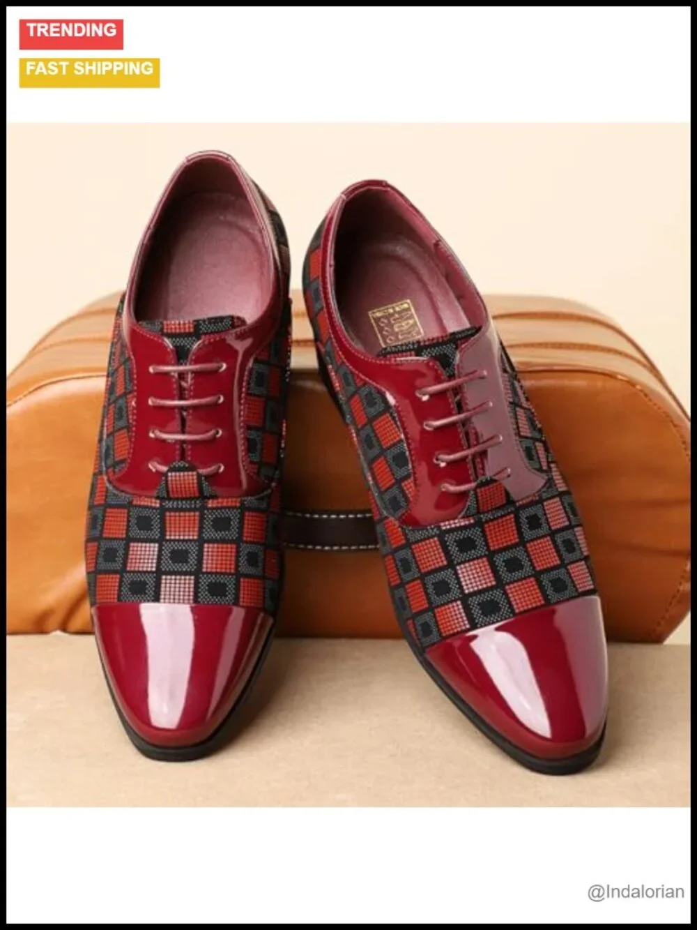 Men's Patterned Patent Leather Chunky Heel Lace-Up Oxford Dress Shoes